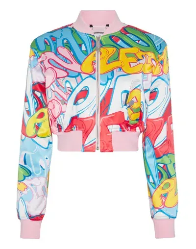 Philipp Plein Graffiti-logo Cropped Satin Bomber Jacket In Multi