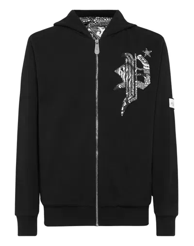 Philipp Plein Satin Hoodie Sweatjacket Paisley Gothic Plein In Multi