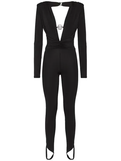 Philipp Plein Shoulder Padded Bodycon-design Jumpsuit In Black