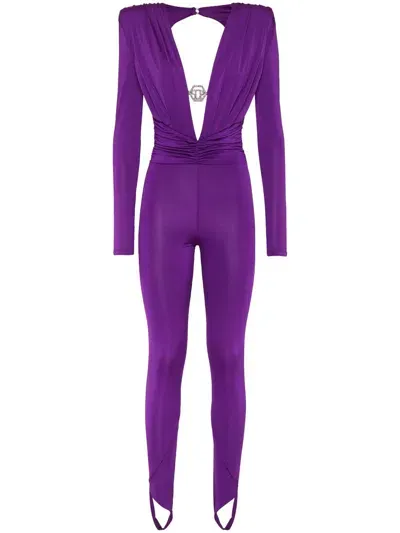 Philipp Plein Shoulder Padded Bodycon-design Jumpsuit In Purple