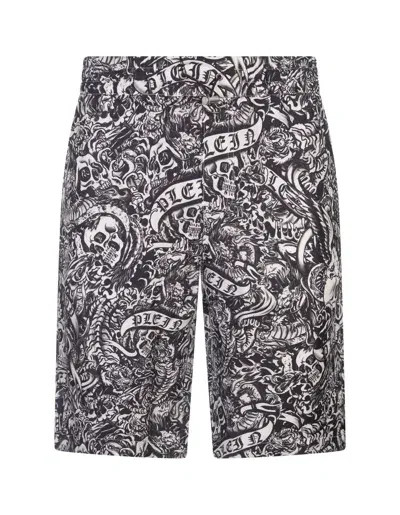 Philipp Plein Tattoo-print Silk Shorts In Black