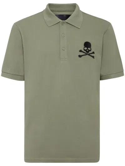 Philipp Plein Skull & Bones Embroidered Cotton Polo Shirt In Green