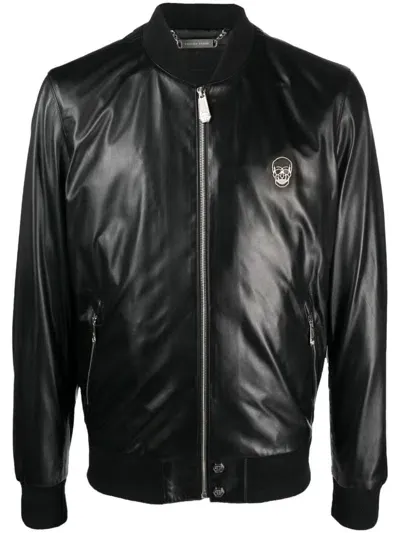 Philipp Plein Skull Leather Bomber Jacket In Black