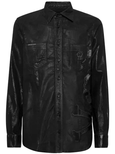 Philipp Plein Skull-patch Denim Shirt In Black