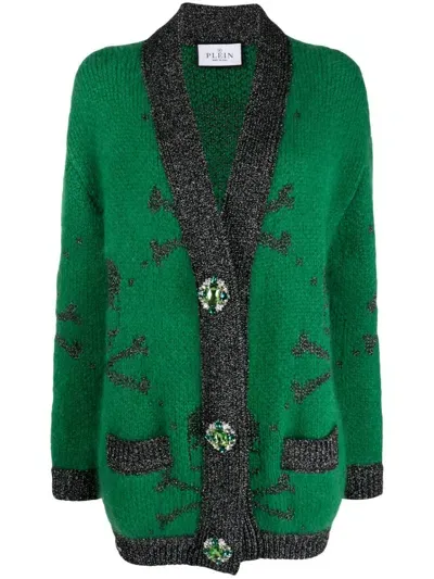 Philipp Plein Skull-print Mohair-blend Cardigan In Green