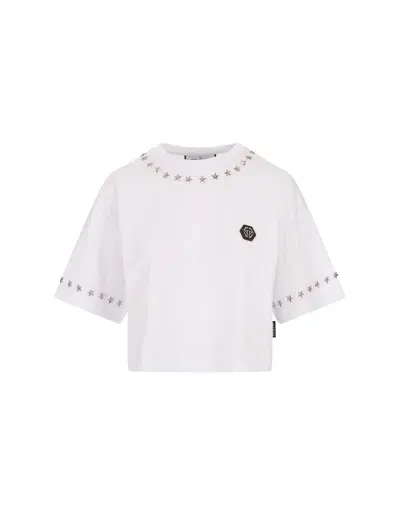 Philipp Plein Star-studded Cotton Cropped Top In White