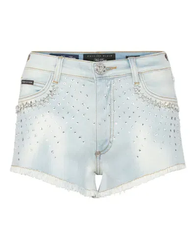 Philipp Plein Strass Denim Shorts In Multi