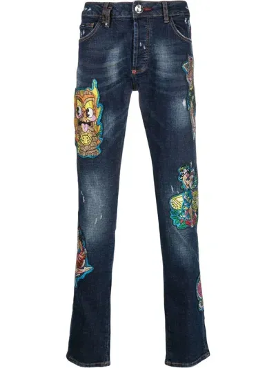 Philipp Plein Gerade Jeans Mit Hawaii-patches In Blue