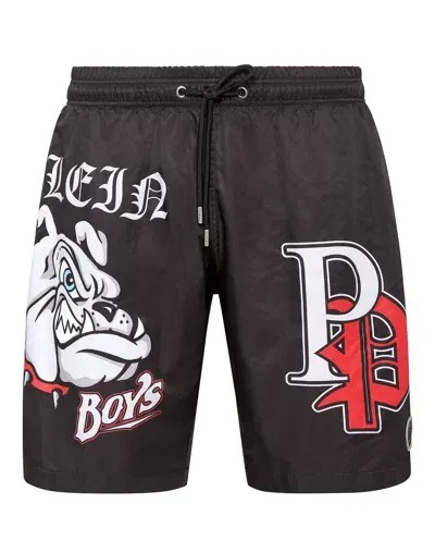 Philipp Plein Bulldogs-print Swim Shorts In Black