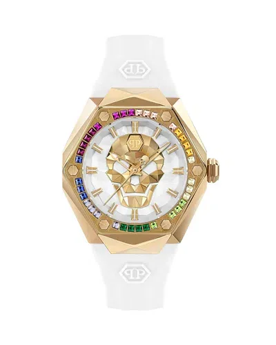 Philipp Plein Women's Skull Spikes White Silicone Strap Watch 40mm In Gold