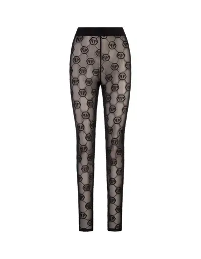 Philipp Plein Monogram-pattern Tulle Leggings In Black