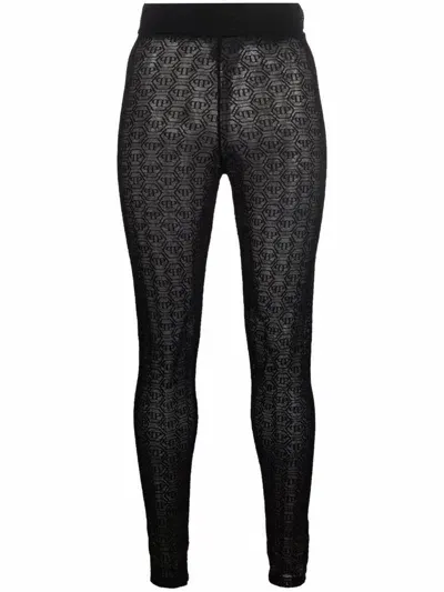 Philipp Plein Tulle Monogram Leggings In Schwarz