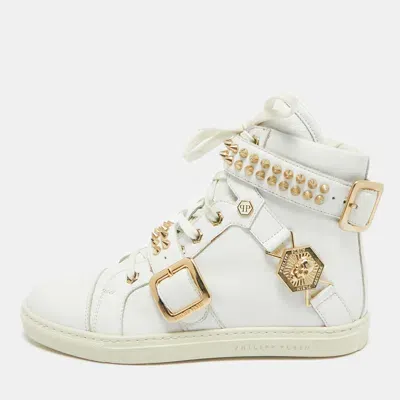 Pre-owned Philipp Plein White Leather Spike High Top Sneakers Size 36