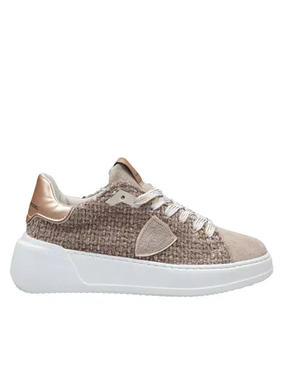 Philippe Model Tres Temple Low Sneakers In Suede And Chenille Color Taupe In Gold