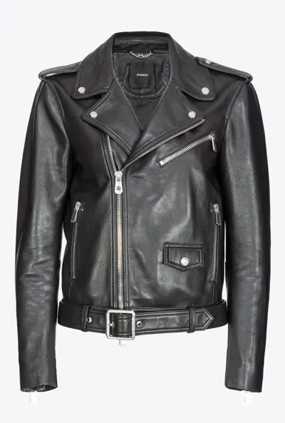 Pinko Belted Leather Biker Jacket In Nero