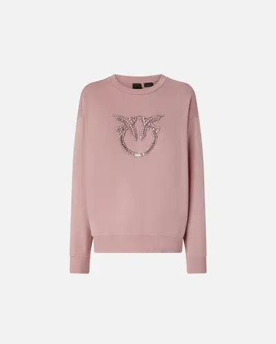 Pinko Crew Neck Sweatshirt With Love Birds Jewel Embroidery In Rosa Zefiro