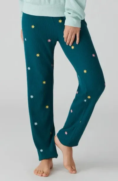 Pj Salvage Take It Easy Embroidered Waffle Knit Lounge Pants In Teal