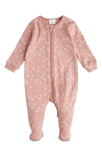 Pl Baby By Petit Lem Autumn Garden Print One Piece Cotton Footie Pajamas In Pink