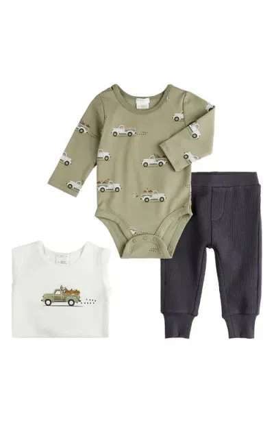 Pl Baby By Petit Lem Babies' Firsts By Petit Lem Pumpkin Pickup Print Cotton Bodysuits & Solid Joggers Set In Off White