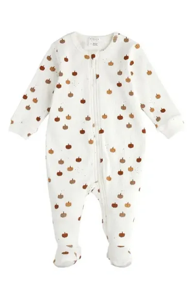 Pl Baby By Petit Lem Kids'  Pumpkin Print Cotton Rib Footed One-piece Pajamas In Off White