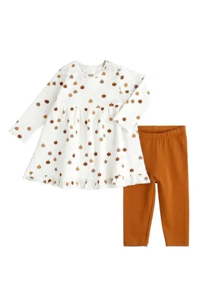 Pl Baby By Petit Lem Babies' Firsts By Petit Lem Pumpkin Print Long Sleeve Cotton Dress & Solid Leggings Set In Off White