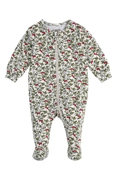 Pl Baby By Petit Lem Raspberry Bush Print One Piece Cotton Footie Pajamas In Beige