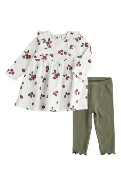 Pl Baby By Petit Lem Raspberry Print Cotton Dress & Rib Leggings Set In Off White