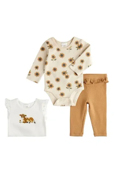 Pl Baby By Petit Lem Babies' Firsts By Petit Lem Sunflower & Calf Print Cotton Bodysuits & Solid Joggers Set In Off White