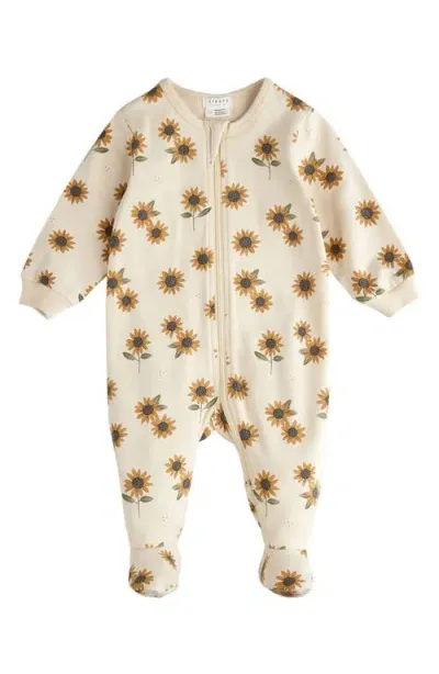 Pl Baby By Petit Lem Sunflower Print Cotton Footed One-piece Pajamas In Beige