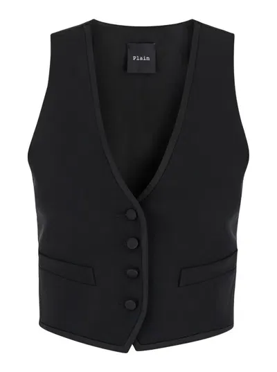 Plain 'smoking' Black Vest With Covered Buttons In Tech Fabric Woman