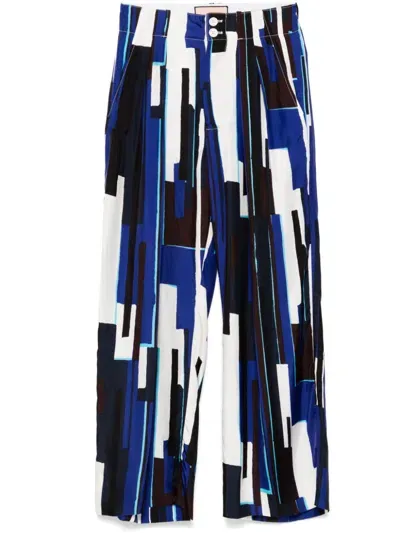 Plan C Twill-print Trousers In Rib07 Blue Tones