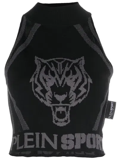 Plein Sport Jacquard Sleeveless Cropped Top In Black