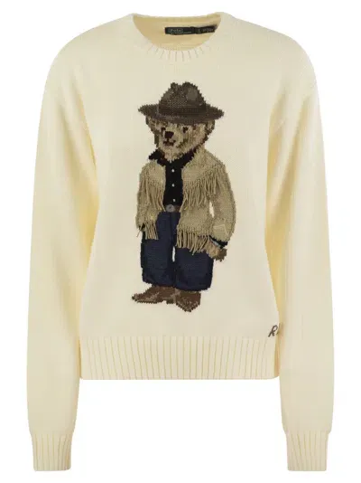 Polo Ralph Lauren Bear Cotton Crew-neck Polo Shirt In Beige