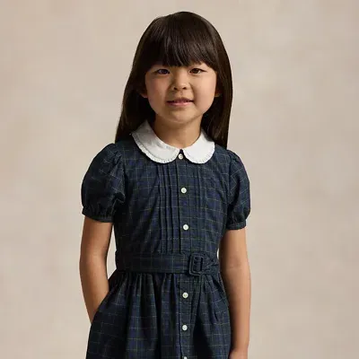 Polo Ralph Lauren Kids' Belted Plaid Cotton Poplin Shirtdress In Green Multi