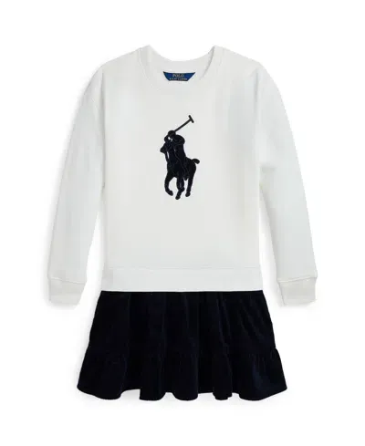 Polo Ralph Lauren Kids' Big Girls Big Pony Corduroy Skirt Fleece Dress In Deckwash White With Navy