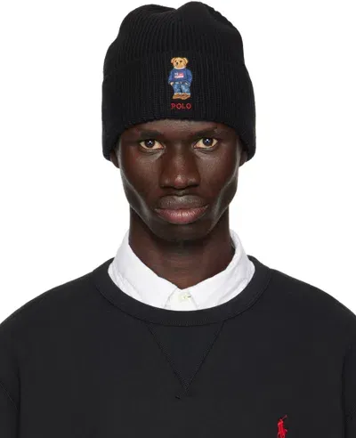 Polo Ralph Lauren Black Solid Flag Bear Beanie In 001 Polo Black