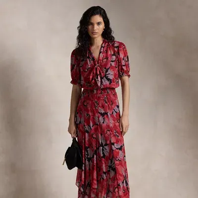 Polo Ralph Lauren Floral Georgette Tie-neck Dress In Fall Poppy