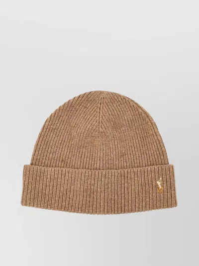 Polo Ralph Lauren Folded Brim Ribbed Knit Beanie Hat In Brown