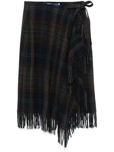 Polo Ralph Lauren Fringe-trim Plaid Wrap Skirt In Blue