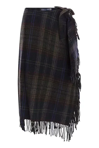 Polo Ralph Lauren Fringed Plaid Wrap Skirt In Gray