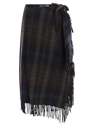 Polo Ralph Lauren Fringed Plaid Wrap Skirt In Blue/brown