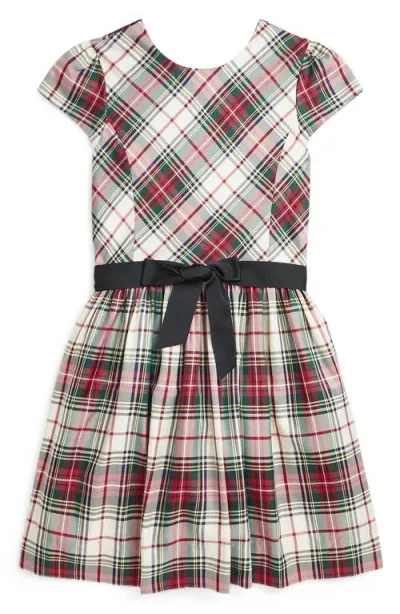 Polo Ralph Lauren Kids' Tartan Plaid Tie Belt Recycled Polyester Taffeta Dress In Cream Red Multi