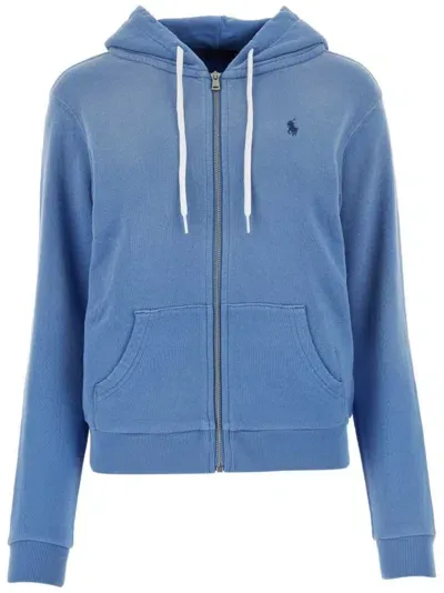 Polo Ralph Lauren Logo Embroidered Zipped Drawstring Hoodie  In Blue