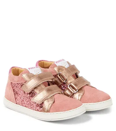 Pom D'api Kids' Mousse Easy Top Glitter And Suede Sneakers In Gold