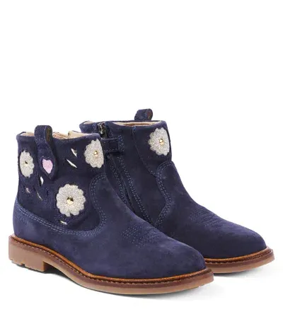 Pom D'api Kids' Sister Wendy Suede Ankle Boots In Blue