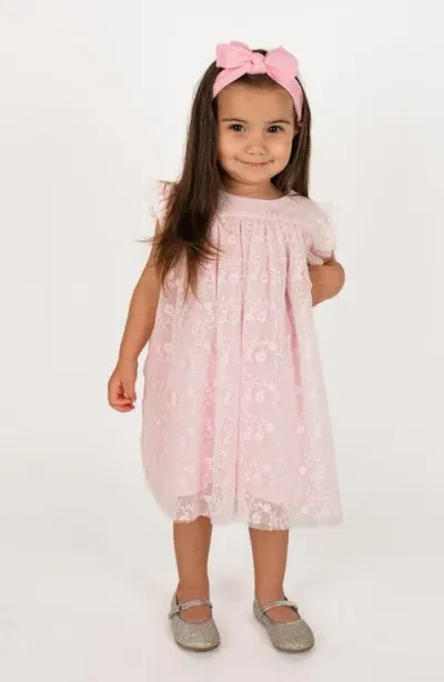 Popatu Babies'  Embroidered Mesh Flutter Sleeve Dress In Pink