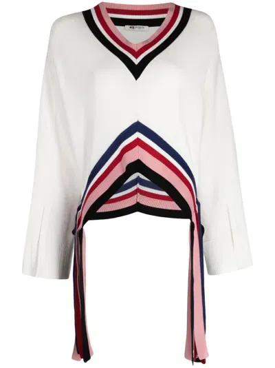 Ports 1961 Striped V-neck Fine-knit Sweater In White