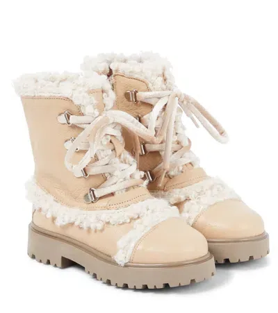 Pèpè Kids' Faux Shearling-trimmed Leather Boots In Beige