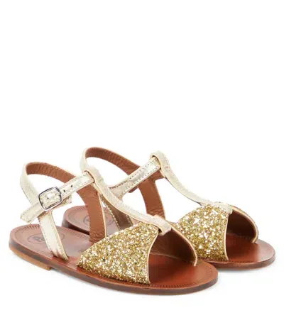 Pèpè Kids' Glitter Leather Sandals In Gold