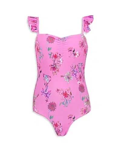 Pq Swim Girls' Floral Print Ruffle Shoulder One Piece Swimsuit - Little Kid In Garden Pink